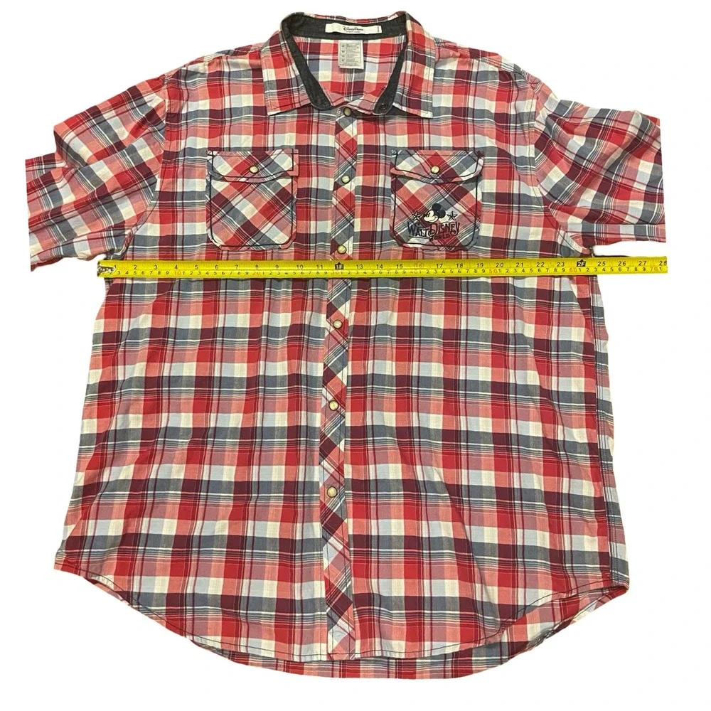 Disney Parks Mickey Mouse Plaid Shirt Mens XL Red Blue Walt‎ Disney World
